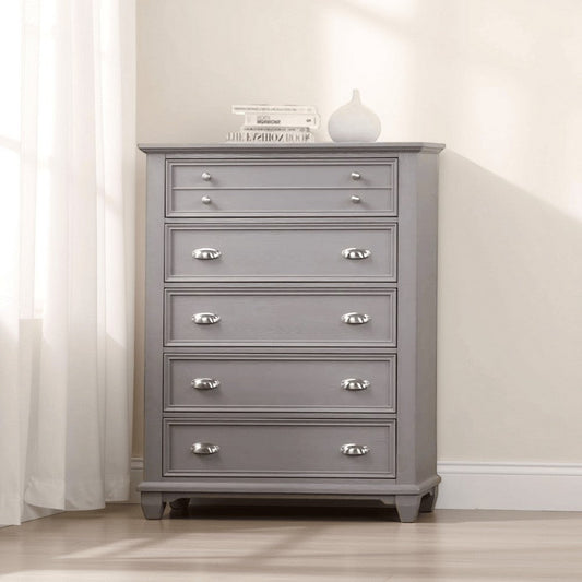 Limi Tall Dresser Chest, 5 Drawers, Light Gray Solid Acacia Wood