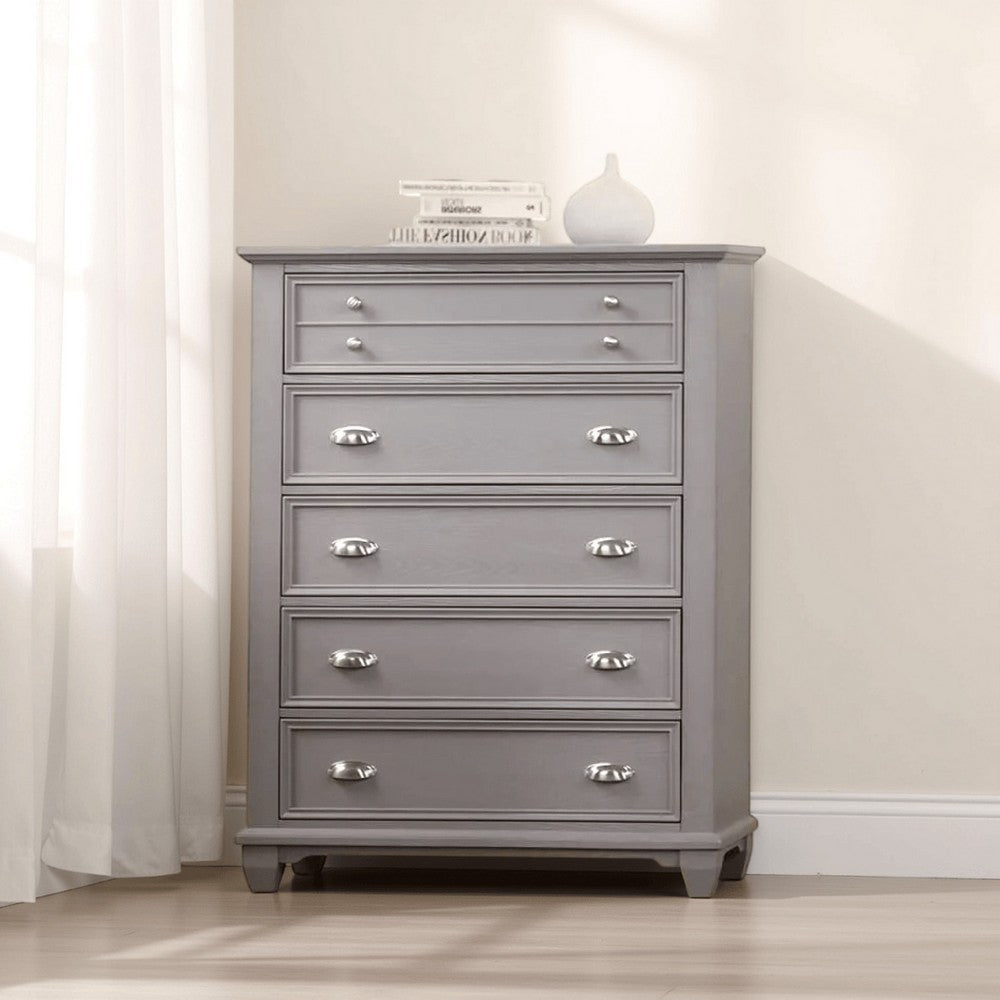 Limi Tall Dresser Chest, 5 Drawers, Light Gray Solid Acacia Wood