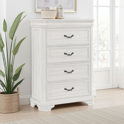 Lynda Tall Dresser Chest, 4 Drawers, Classic White Solid Acacia Wood