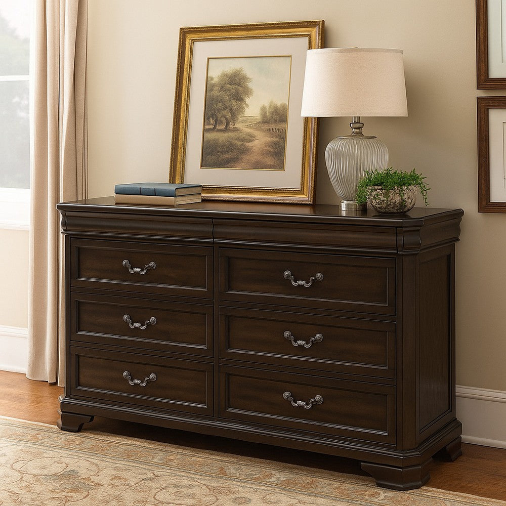 Lynda Dresser 6 Drawers Pewter Dark Brown Solid Acacia Wood 68 Inch BM329960