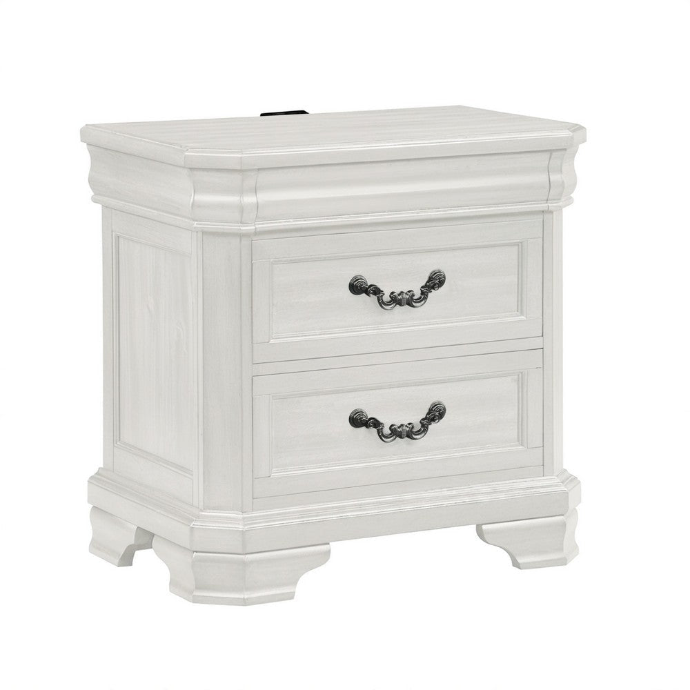 Lynda Nightstand, 2 Drawers Metal Handles, White Acacia Wood 27 Inch