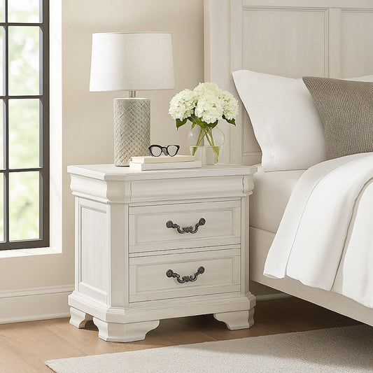 Lynda Nightstand 2 Drawers Metal Handles White Acacia Wood 27 Inch