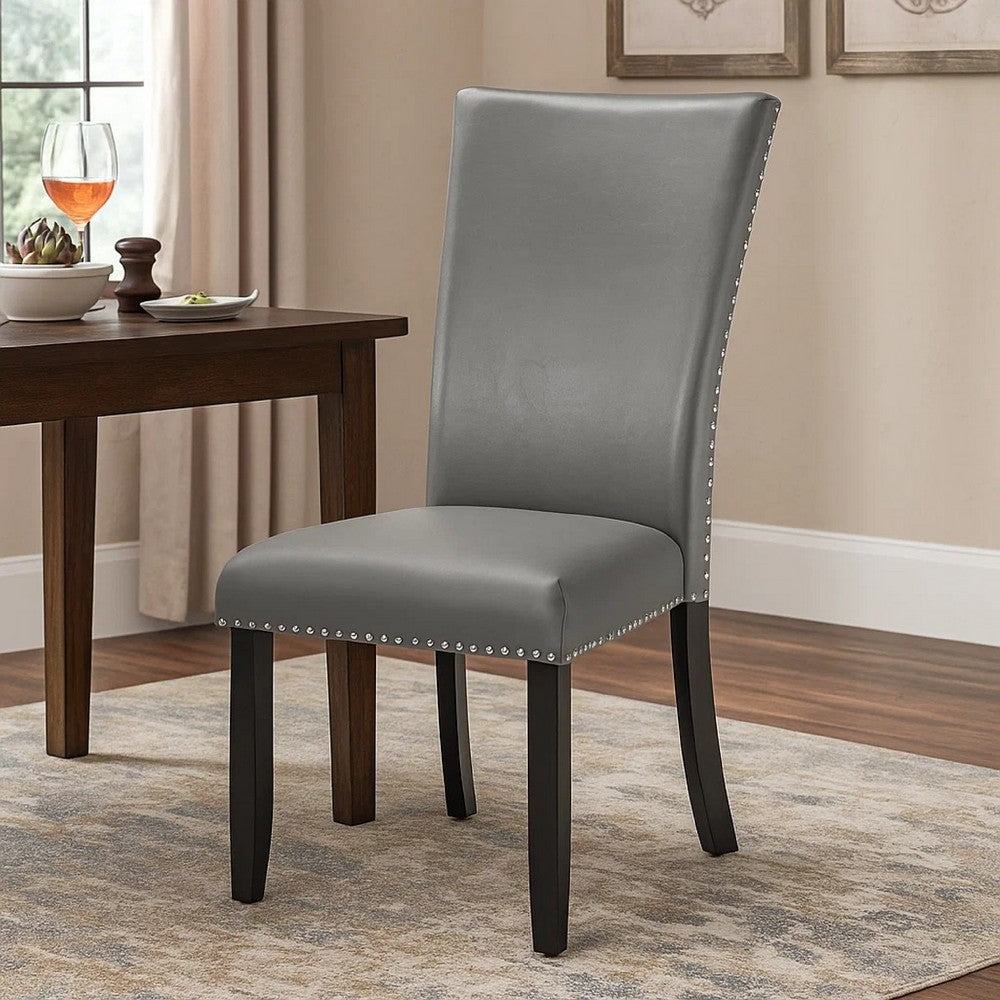 Lira Dining Chairs Set of 2, Nailhead Trim Gray Fabric, Solid Wood