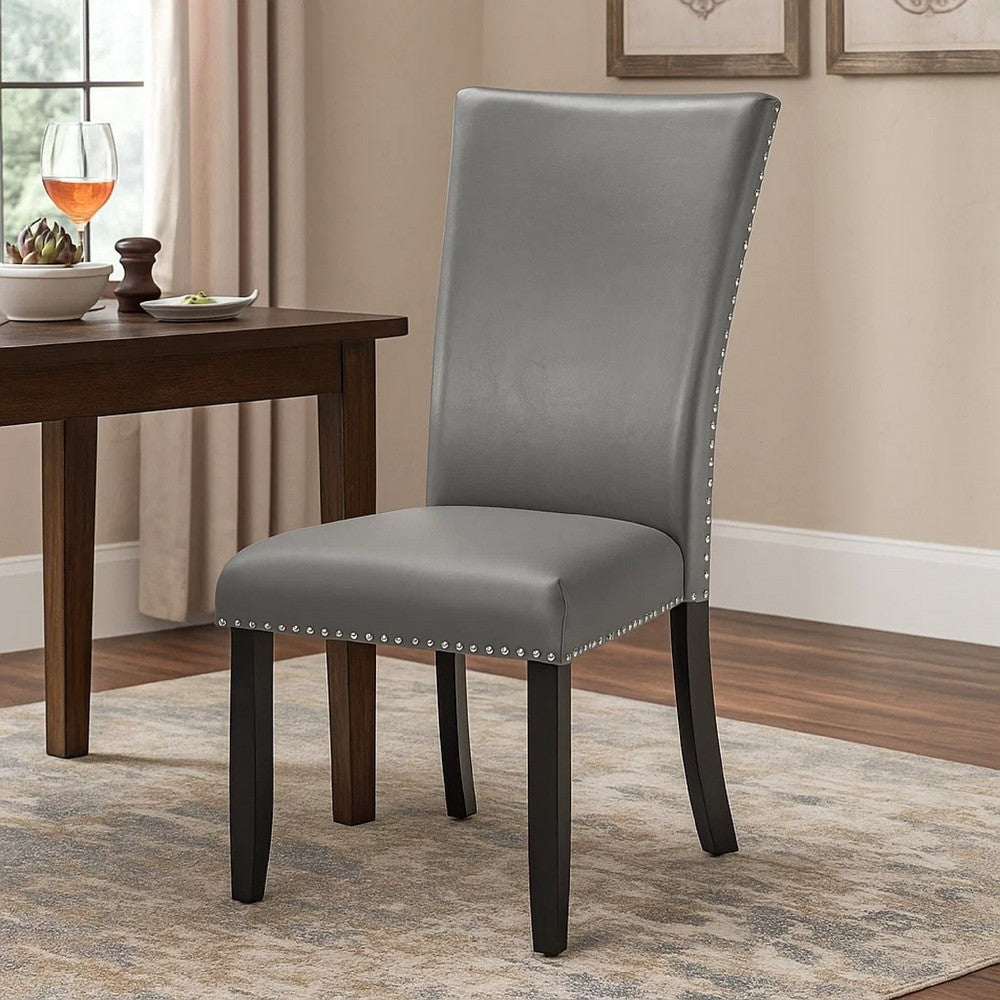 Lira Dining Chairs Set of 2, Nailhead Trim Gray Fabric, Solid Wood