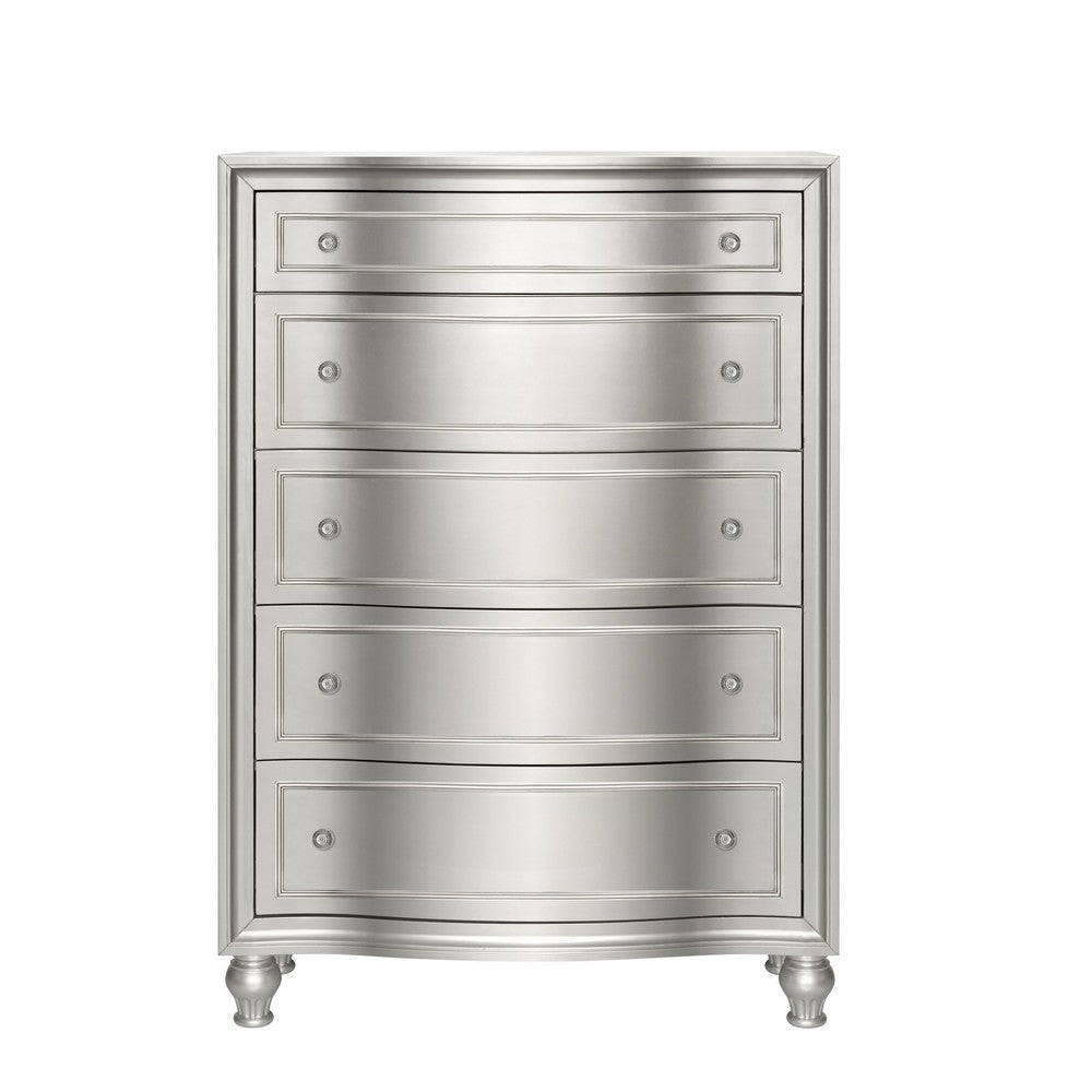 Felix Tall Dresser Chest 5 Bow Front Drawers Retro Silver Pine Wood BM329970