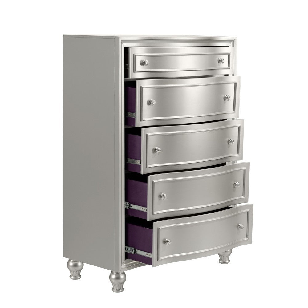 Felix Tall Dresser Chest 5 Bow Front Drawers Retro Silver Pine Wood BM329970