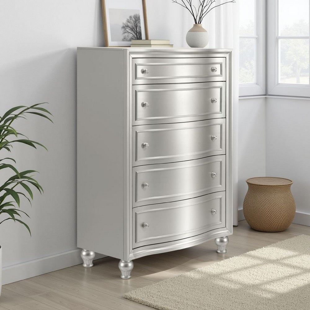 Felix Tall Dresser Chest, 5 Bow Front Drawers, Retro Silver Pine Wood