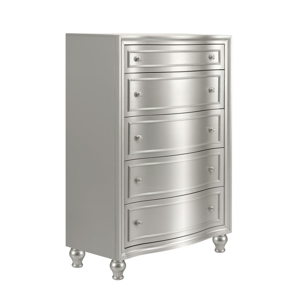 Felix Tall Dresser Chest, 5 Bow Front Drawers, Retro Silver Pine Wood