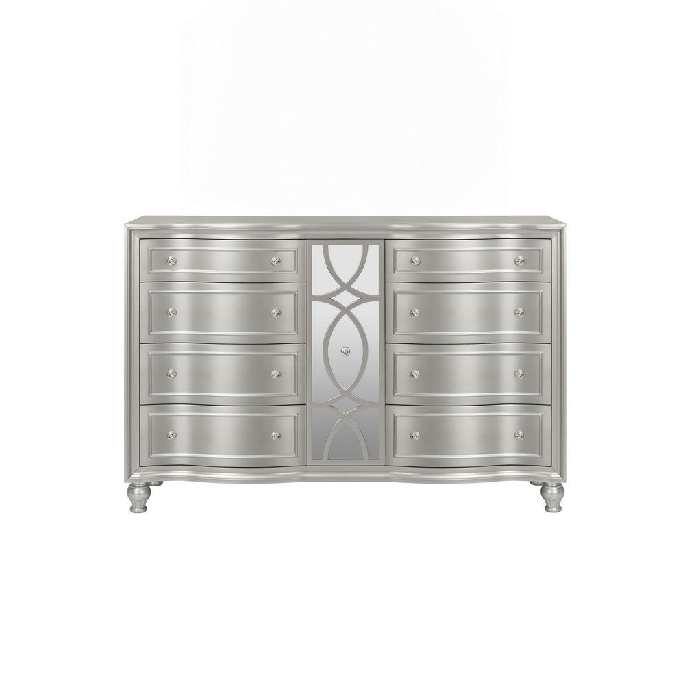 Felix Wide Dresser with 8 Bow Front Drawers Silver Solid Wood 68 Inch BM329971