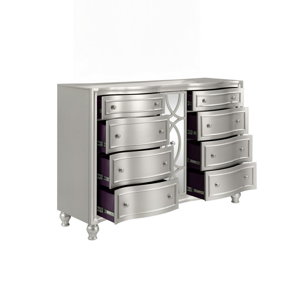 Felix Wide Dresser with 8 Bow Front Drawers Silver Solid Wood 68 Inch BM329971