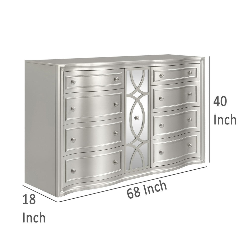Felix Wide Dresser with 8 Bow Front Drawers Silver Solid Wood 68 Inch BM329971