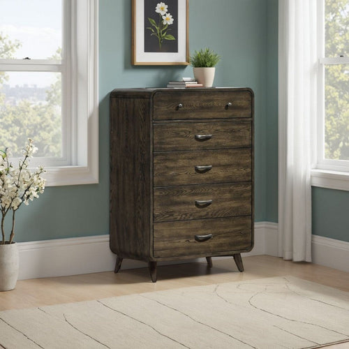 Roxy Tall Dresser Chest, 5 Drawers and Angled Legs, Brown Solid Wood