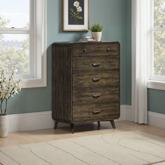 Roxy Tall Dresser Chest, 5 Drawers and Angled Legs, Brown Solid Wood