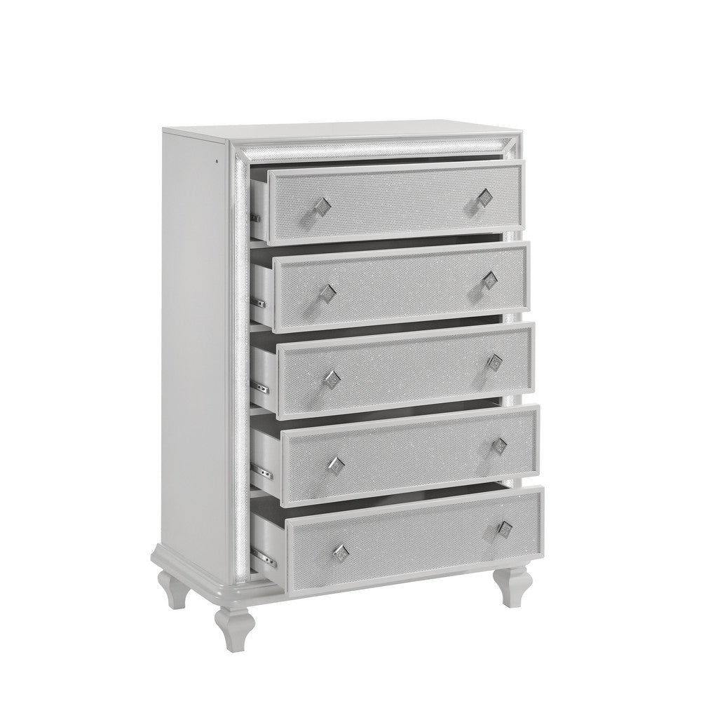 Stacy Tall Dresser Chest with 5 Drawers and LED Lights White Wood BM329981