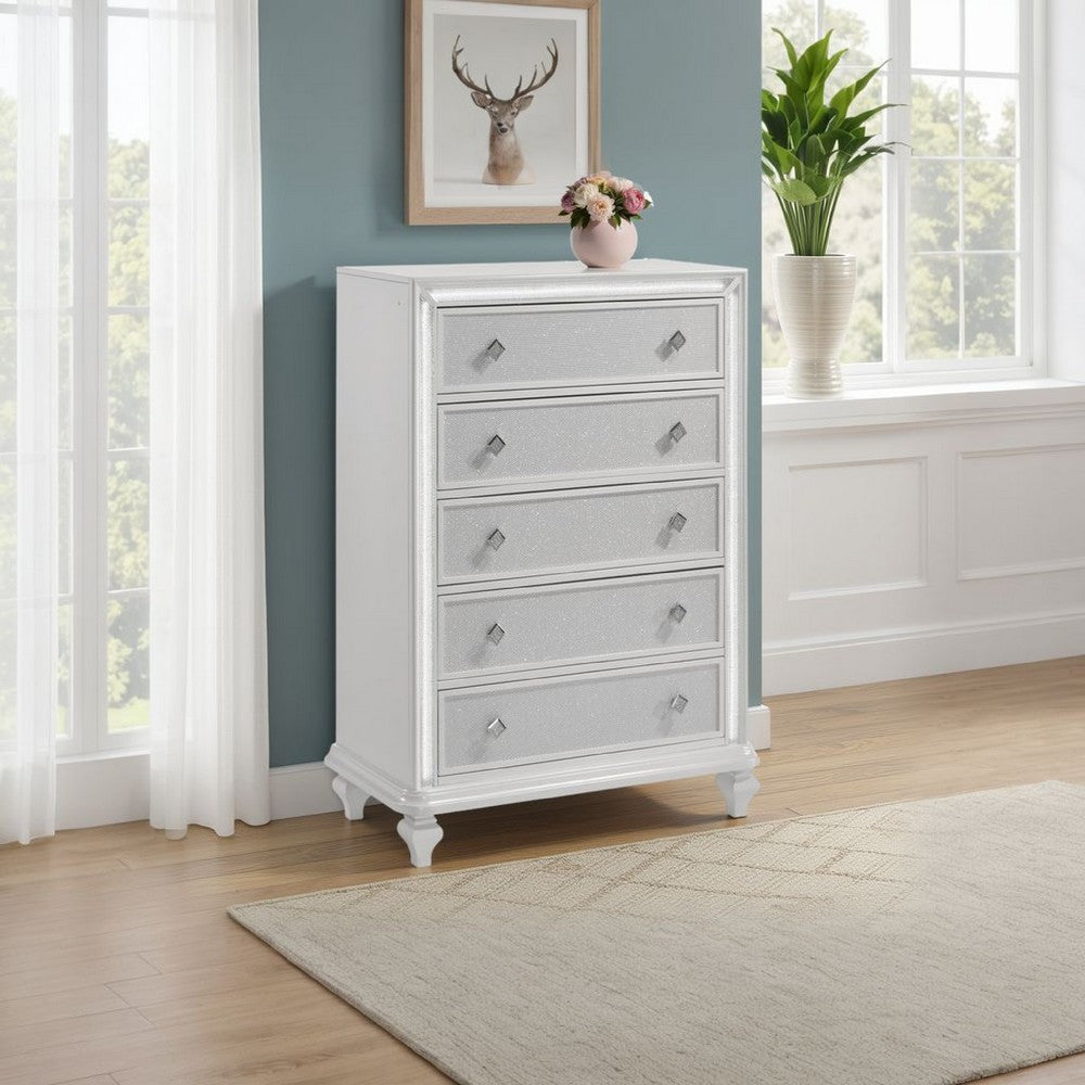 Stacy Tall Dresser Chest with 5 Drawers and LED Lights, White Wood