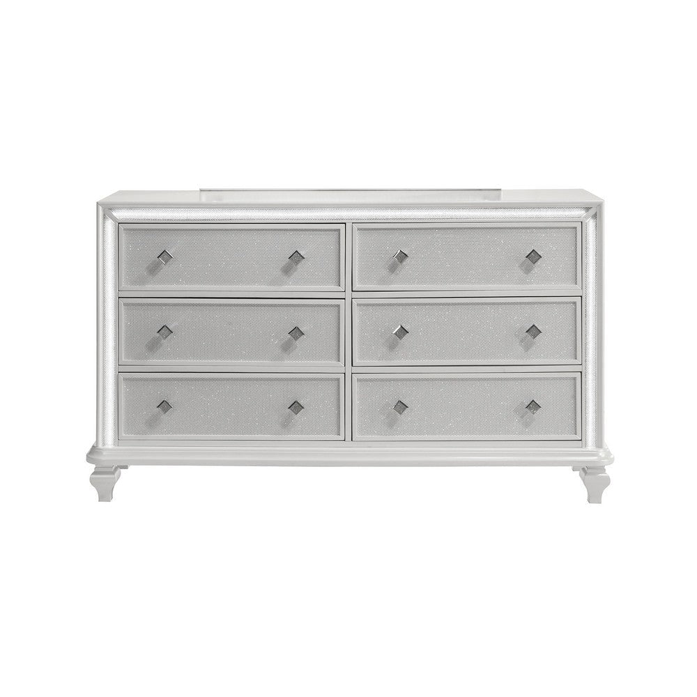 Stacy Wide Dresser with 8 Drawers and LED Lights Silver White Wood BM329982