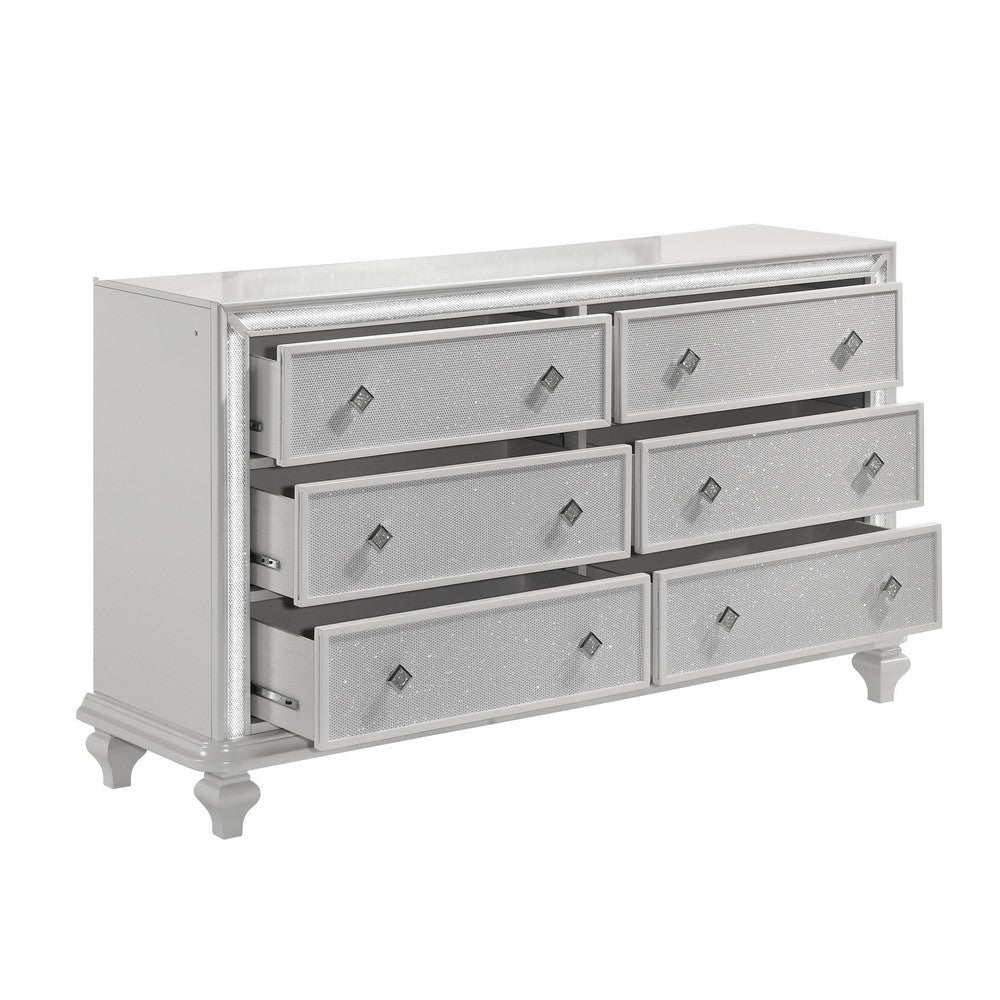 Stacy Wide Dresser with 8 Drawers and LED Lights Silver White Wood BM329982