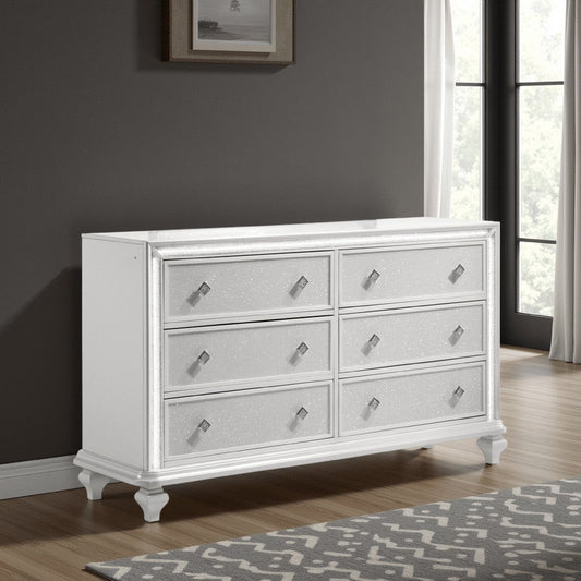 Stacy Wide Dresser with 8 Drawers and LED Lights, Silver, White Wood