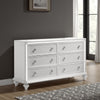 Stacy Wide Dresser with 8 Drawers and LED Lights, Silver, White Wood