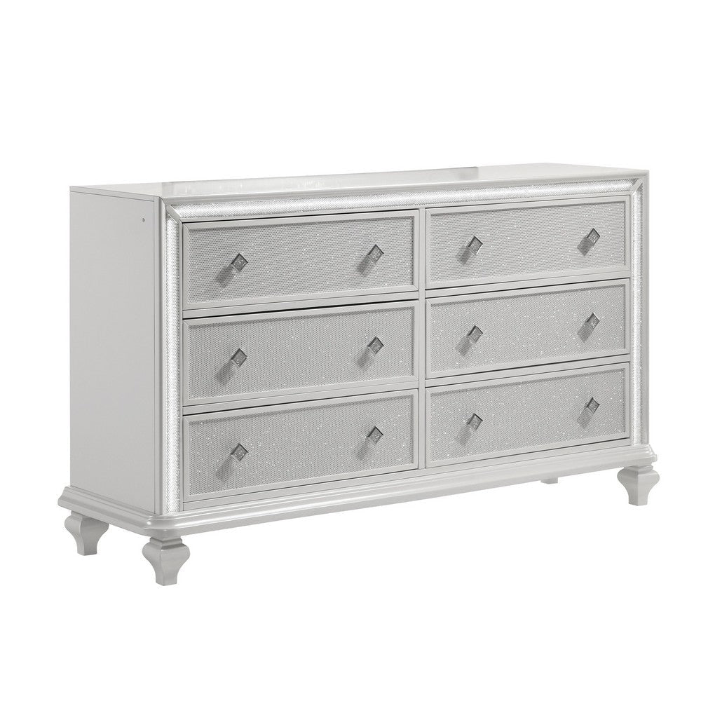 Stacy Wide Dresser with 8 Drawers and LED Lights, Silver, White Wood