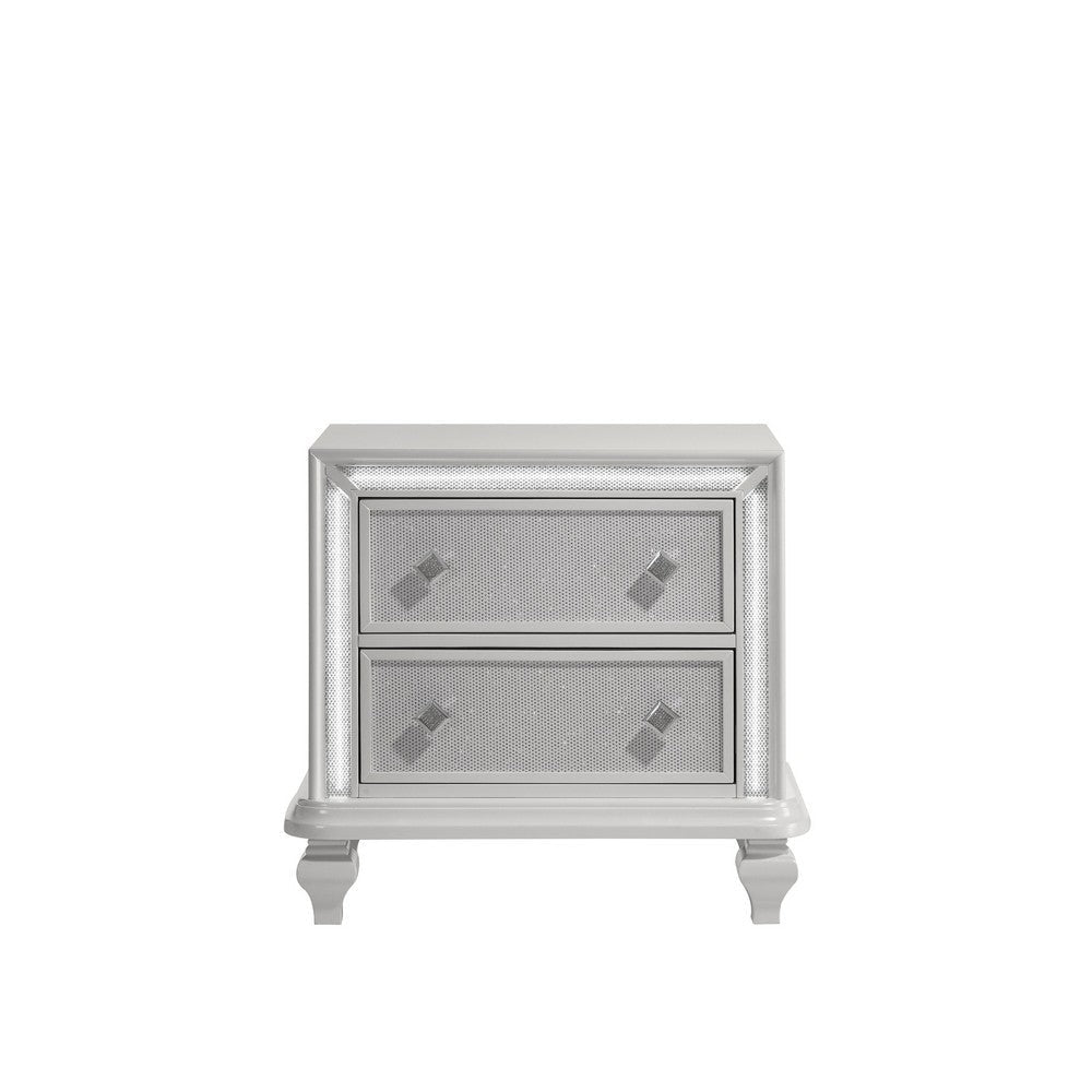 Stacy Nightstand with 2 Drawers and LED Lights Silver and White Wood BM329983