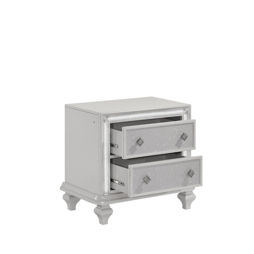 Stacy Nightstand with 2 Drawers and LED Lights Silver and White Wood BM329983