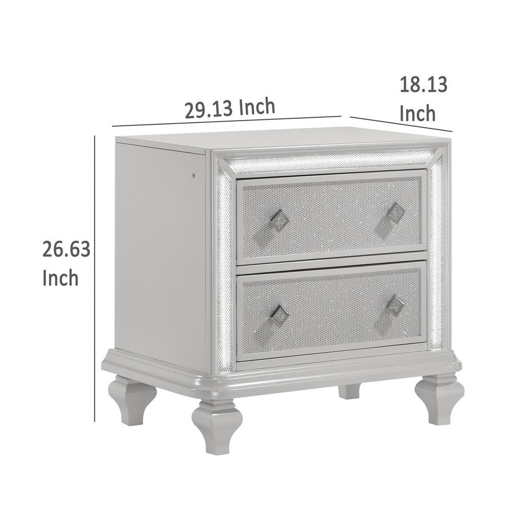 Stacy Nightstand with 2 Drawers and LED Lights Silver and White Wood BM329983