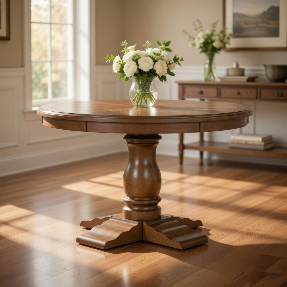 Dinie Dining Table, Classic Turned Base, Chestnut Brown Wood 48 Inch