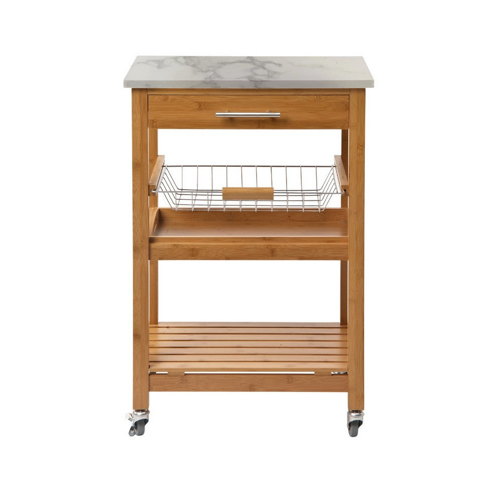 Jude Rolling Kitchen Bar Cart, 2 Shelves, Faux Marble, Brown Bamboo