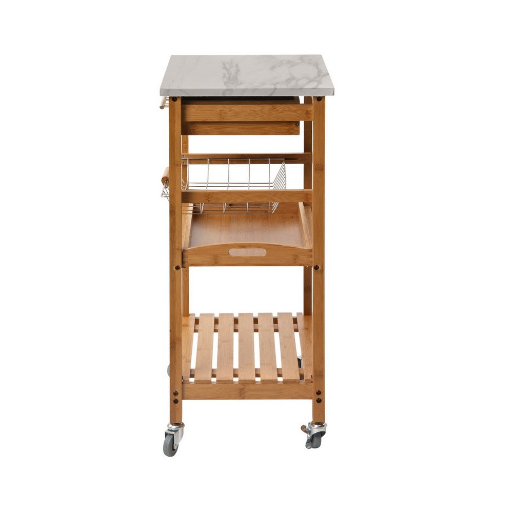 Jude Rolling Kitchen Bar Cart, 2 Shelves, Faux Marble, Brown Bamboo