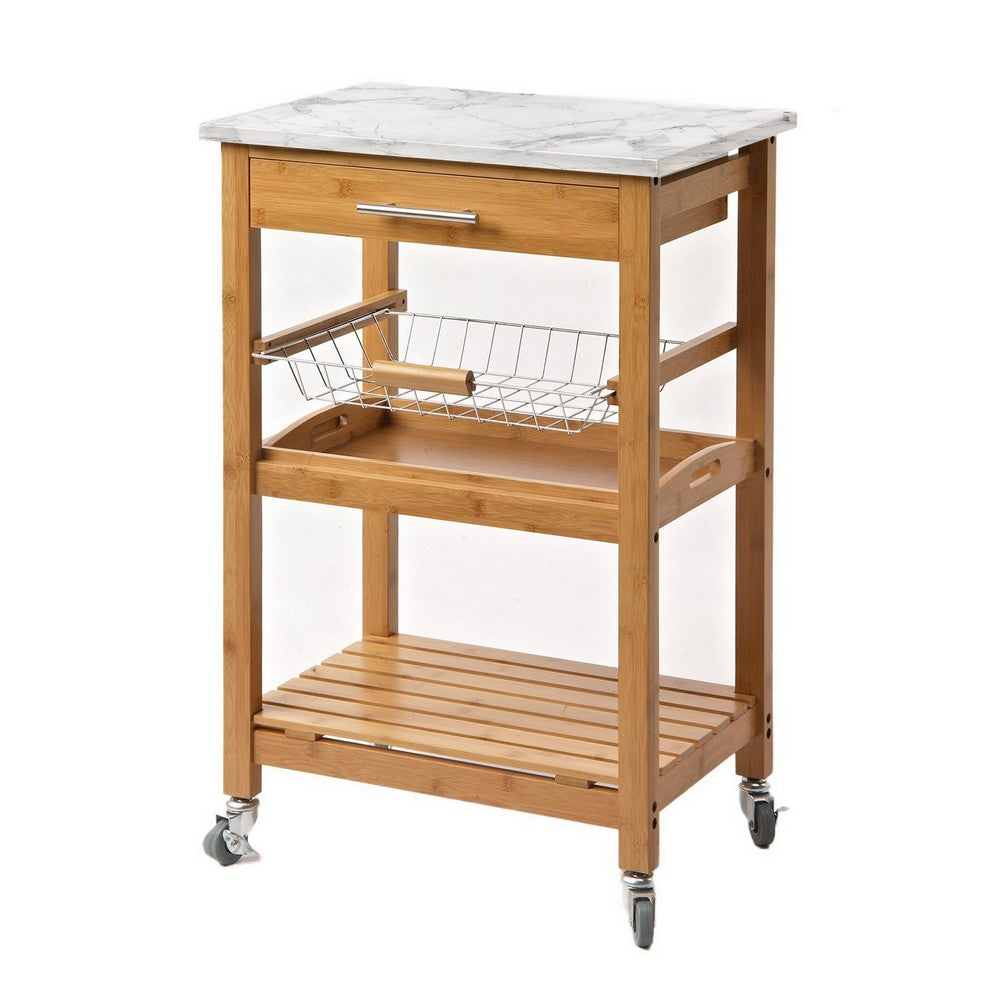 Jude Rolling Kitchen Bar Cart, 2 Shelves, Faux Marble, Brown Bamboo