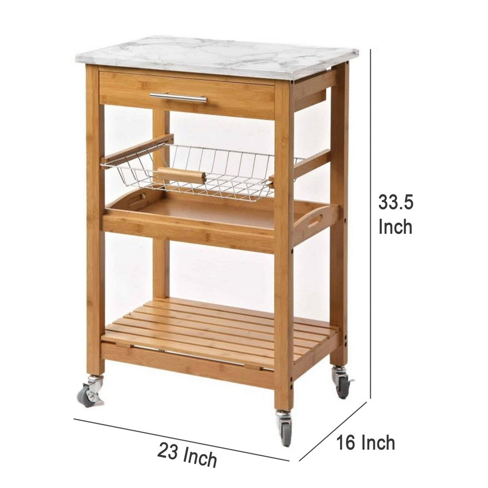 Jude Rolling Kitchen Bar Cart, 2 Shelves, Faux Marble, Brown Bamboo