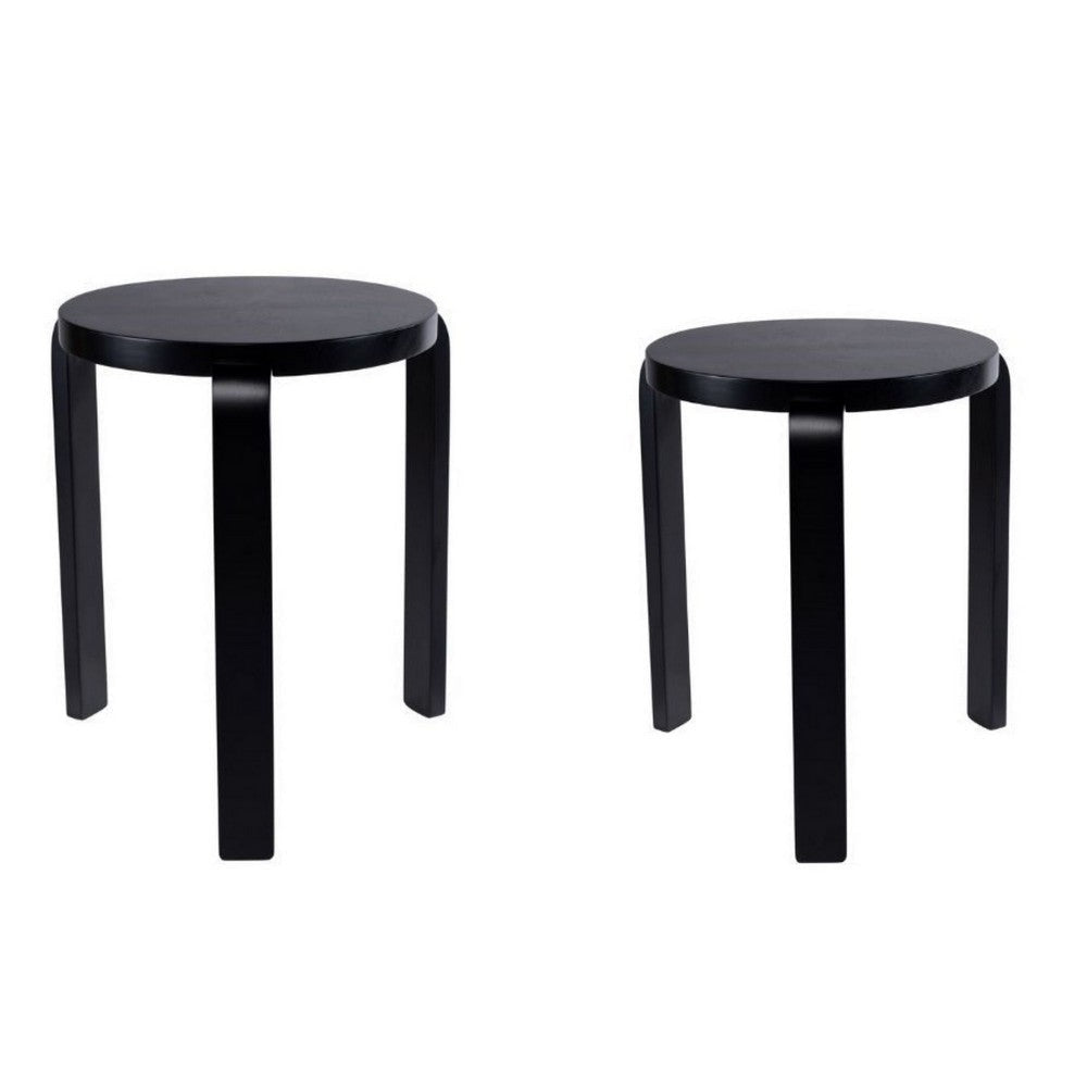 Mata Stacking Stool Ottoman, Set of 2, Modern Style, Black Rubberwood