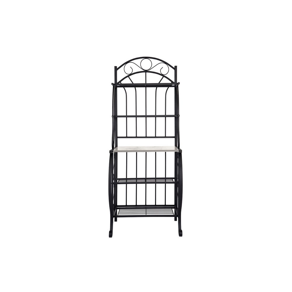 Cia 5 Tier Bakers Rack, Faux Marble Shelf, Black Metal Scrollwork