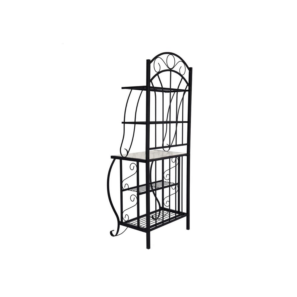 Cia 5 Tier Bakers Rack, Faux Marble Shelf, Black Metal Scrollwork
