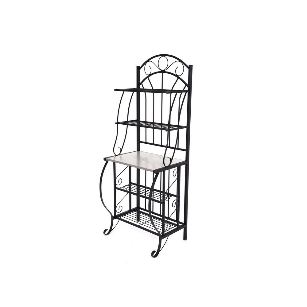 Cia 5 Tier Bakers Rack, Faux Marble Shelf, Black Metal Scrollwork