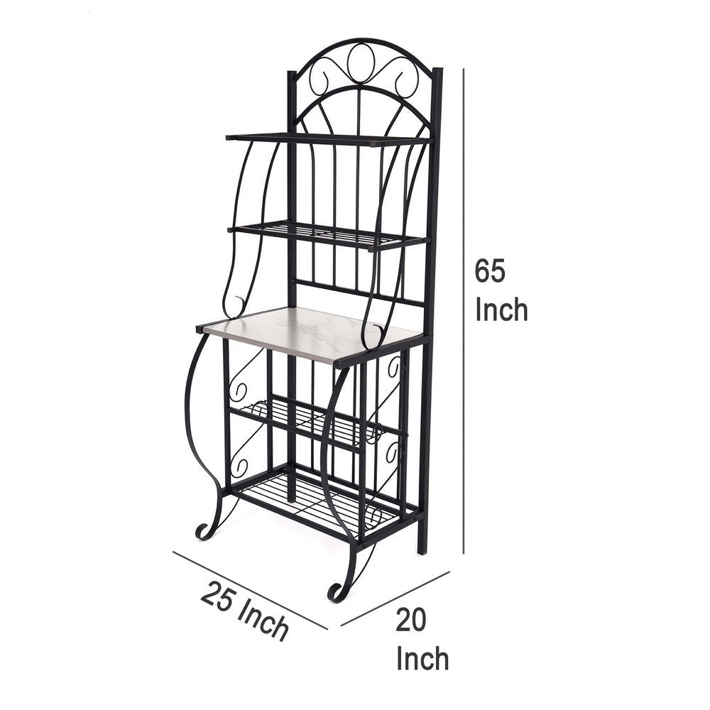Cia 5 Tier Bakers Rack Faux Marble Shelf Black Metal Scrollwork BM330007