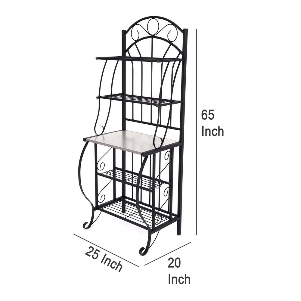 Cia 5 Tier Bakers Rack, Faux Marble Shelf, Black Metal Scrollwork