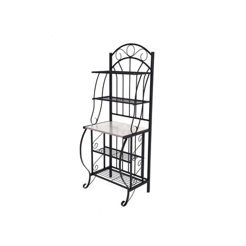 Cia 5 Tier Bakers Rack, Faux Marble Shelf, Black Metal Scrollwork