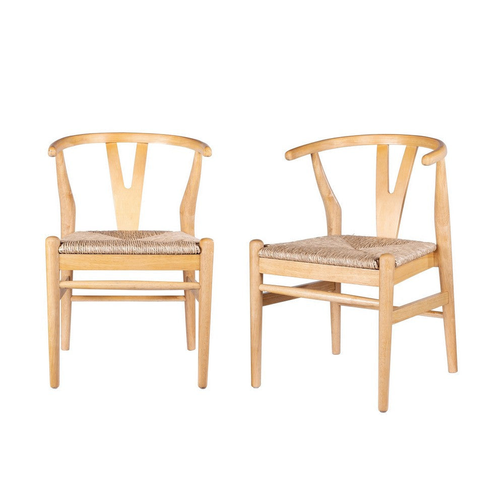 Cera Dining Chair Set of 2, Handwoven Rope Seat, Natural Brown Wood