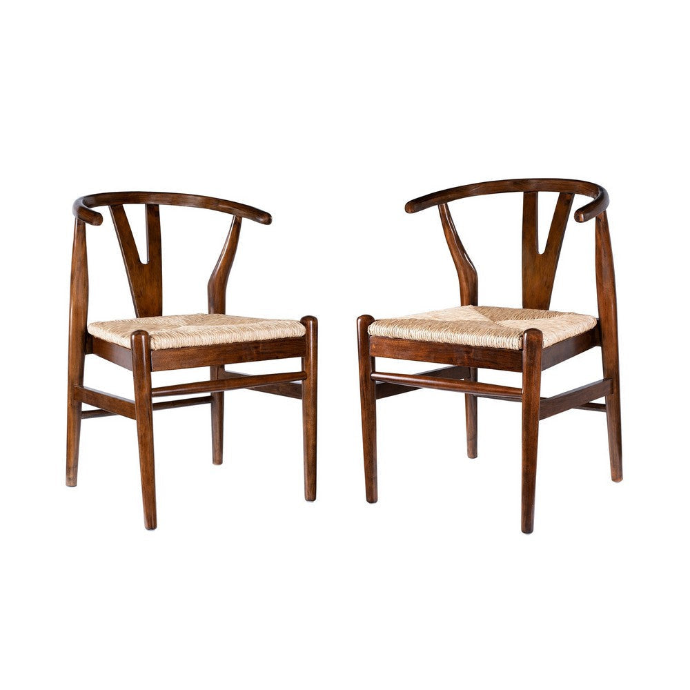 Cera Dining Chair Set of 2, Handwoven Rope, Cappuccino Brown Wood