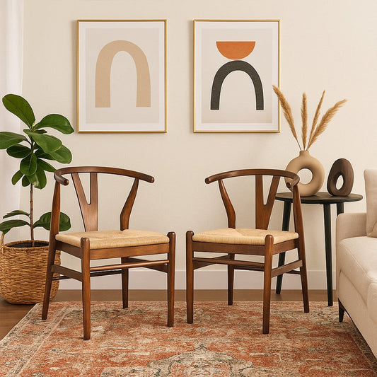 Cera Dining Chair Set of 2, Handwoven Rope, Cappuccino Brown Wood