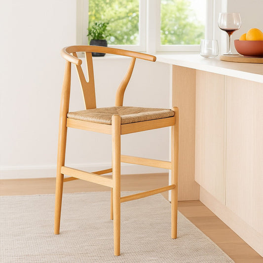 Cera Wishbone Barstool Chair, Handwoven Rope Seat, Natural Brown Wood