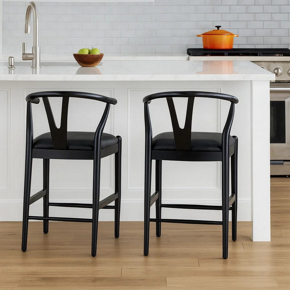 Cera Counter Stool Chair Set of 2, Faux Leather Seat, Black Rubberwood
