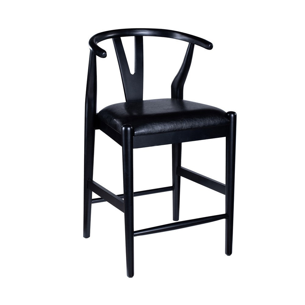 Cera Counter Stool Chair Set of 2, Faux Leather Seat, Black Rubberwood