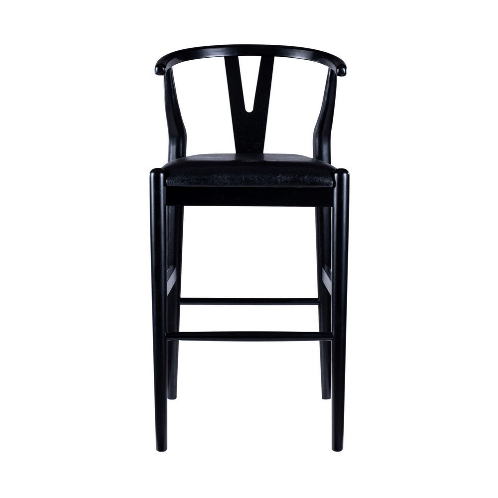 Cera Barstool Chair Set of 2, Rich Faux Leather Seat, Black Rubberwood