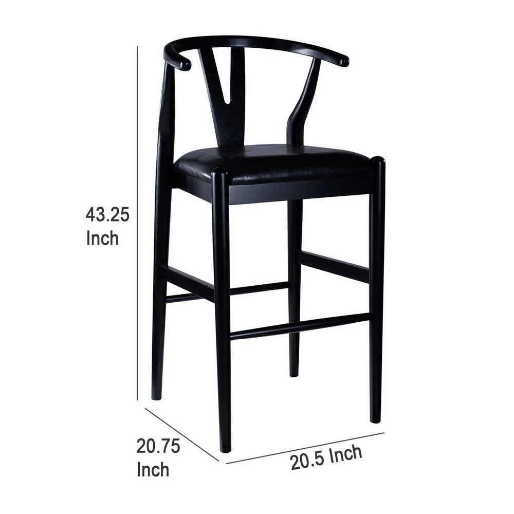 Cera Barstool Chair Set of 2, Rich Faux Leather Seat, Black Rubberwood