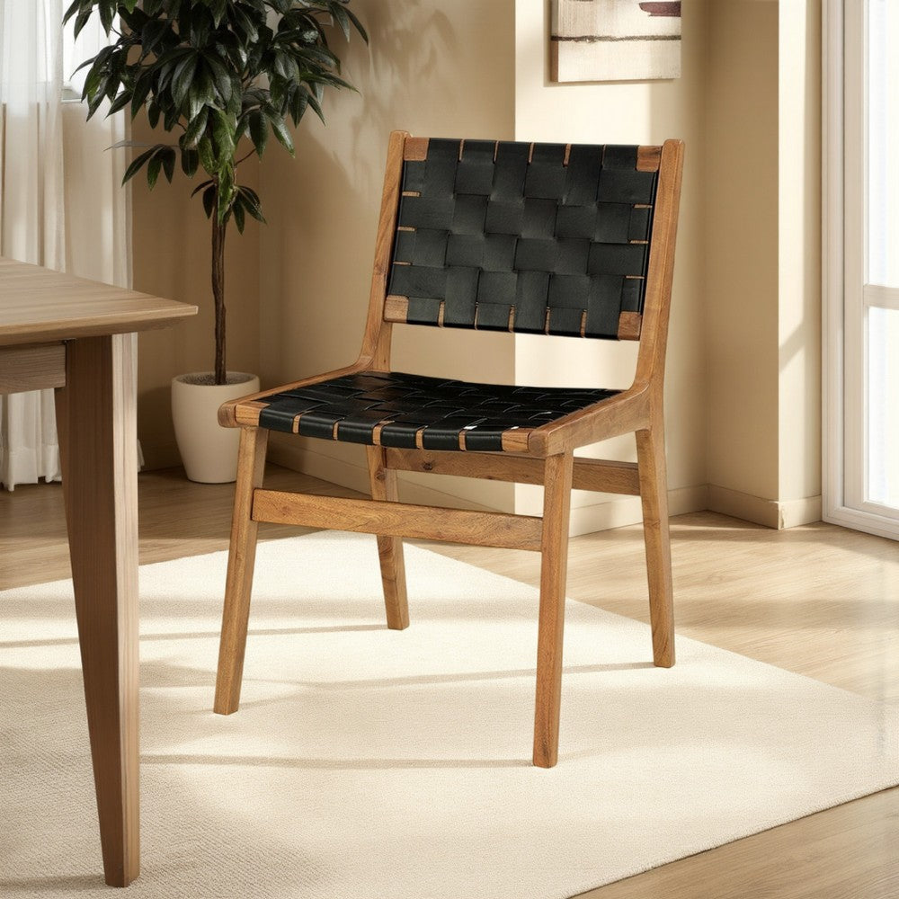 Ashley Dinno Dining Side Chair Set of 2, Brown Wood, Black Woven Leather Seat