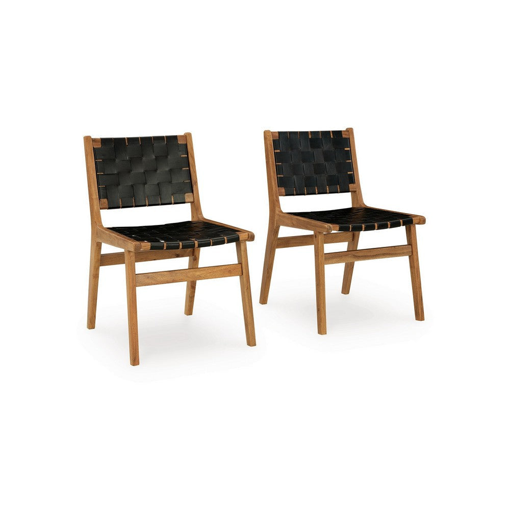 Ashley Dinno Dining Side Chair Set of 2 Brown Wood Black Woven Leather Seat BM330018