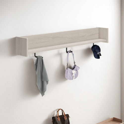 Ashley Soca Wall Mounted Coat Rack, 3 Hooks and Shelf, Light Natural Brown